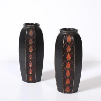 Faincerie St Ghislain Pair of Art Deco Ceramic Vases w Geometric Motifs signed Faincerie St Ghislain