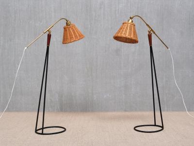  Falkenbergs Belysning Pair of Falkenbergs Belysning Floor Lamps Brass Rattan and Metal Sweden 1950s
