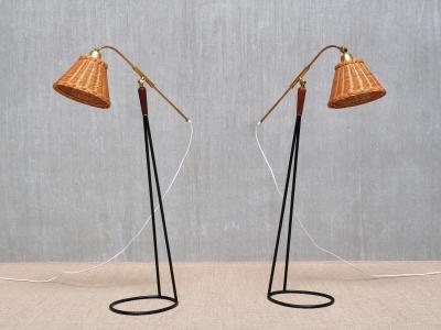  Falkenbergs Belysning Pair of Falkenbergs Belysning Floor Lamps Brass Rattan and Metal Sweden 1950s