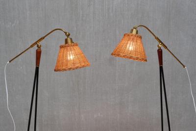  Falkenbergs Belysning Pair of Falkenbergs Belysning Floor Lamps Brass Rattan and Metal Sweden 1950s