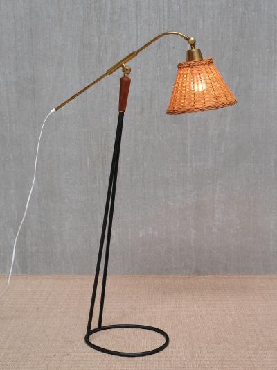  Falkenbergs Belysning Pair of Falkenbergs Belysning Floor Lamps Brass Rattan and Metal Sweden 1950s