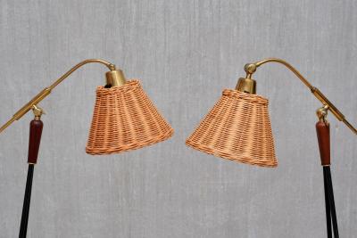  Falkenbergs Belysning Pair of Falkenbergs Belysning Floor Lamps Brass Rattan and Metal Sweden 1950s