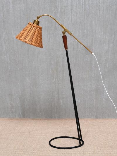  Falkenbergs Belysning Pair of Falkenbergs Belysning Floor Lamps Brass Rattan and Metal Sweden 1950s