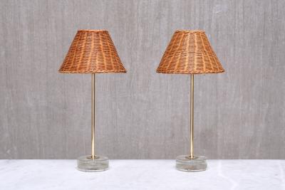  Falkenbergs Belysning Pair of Falkenbergs Belysning Table Lamps in Brass Glass and Rattan 1960s