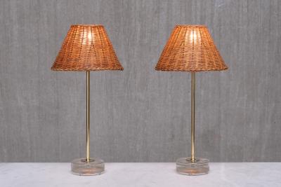  Falkenbergs Belysning Pair of Falkenbergs Belysning Table Lamps in Brass Glass and Rattan 1960s