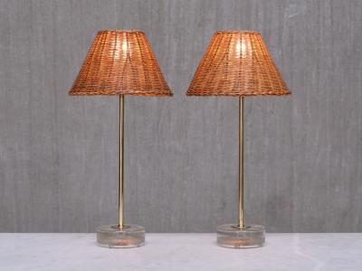  Falkenbergs Belysning Pair of Falkenbergs Belysning Table Lamps in Brass Glass and Rattan 1960s