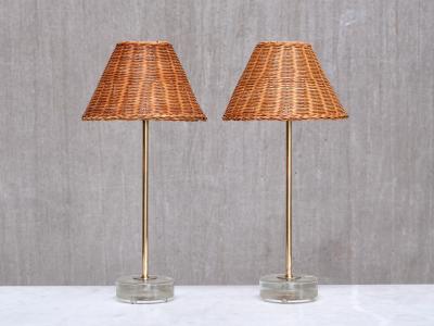  Falkenbergs Belysning Pair of Falkenbergs Belysning Table Lamps in Brass Glass and Rattan 1960s