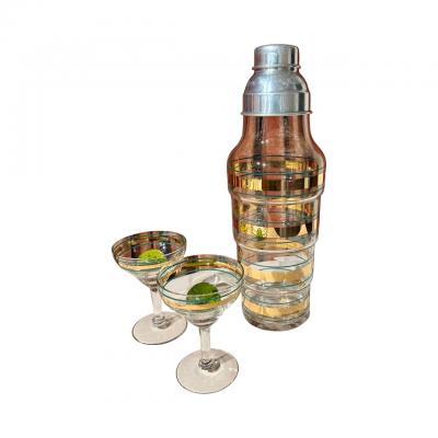 Federal Glass Company Rare Federal Glass Company Cocktail Set with Green and Gold Stripes