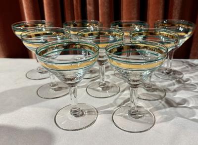 Federal Glass Company Rare Federal Glass Company Cocktail Set with Green and Gold Stripes