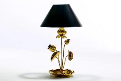  Feldman Lighting Co Hollywood Regency Lotus Flower Lamp in Polished Brass by Feldman c 1960