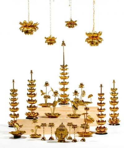  Feldman Lighting Co Hollywood Regency Lotus Flower Lamp in Polished Brass by Feldman c 1960