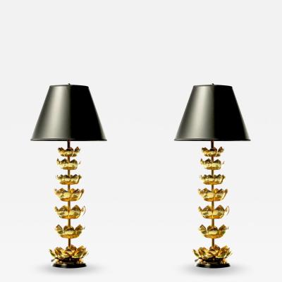  Feldman Lighting Co Pair of Hollywood Regency Tall Brass Lotus Lamps by Feldman Lighting circa 1960s