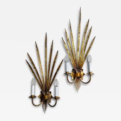  Ferro Art A Fine Pair of Large Scale 1950s Gold Reed Leaf Wall Lights by Ferrocolor Spain