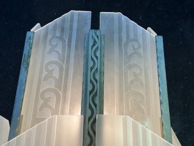  Ferro Brandt RARE AUTHENTIC ART DECO NICKELED BRONZE CARVED GLASS SCONCES BY FERROBRANDT