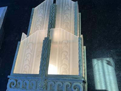  Ferro Brandt RARE AUTHENTIC ART DECO NICKELED BRONZE CARVED GLASS SCONCES BY FERROBRANDT