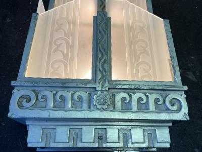  Ferro Brandt RARE AUTHENTIC ART DECO NICKELED BRONZE CARVED GLASS SCONCES BY FERROBRANDT