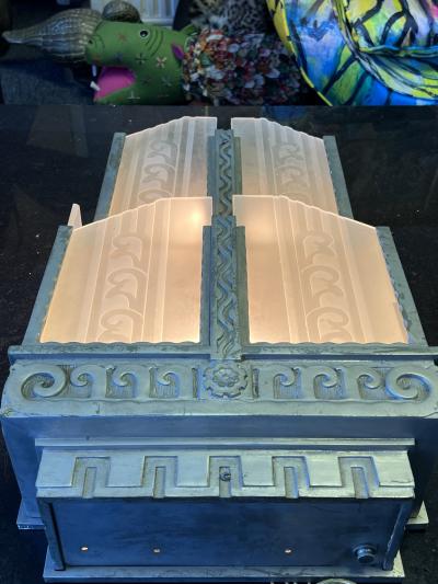  Ferro Brandt RARE AUTHENTIC ART DECO NICKELED BRONZE CARVED GLASS SCONCES BY FERROBRANDT