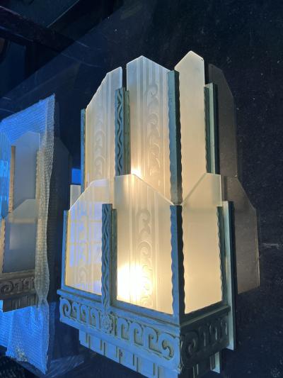  Ferro Brandt RARE AUTHENTIC ART DECO NICKELED BRONZE CARVED GLASS SCONCES BY FERROBRANDT