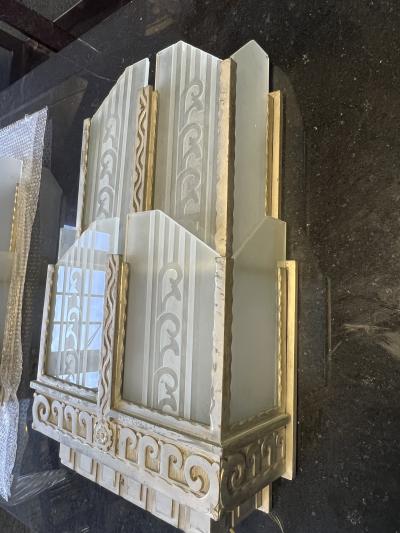  Ferro Brandt RARE AUTHENTIC ART DECO NICKELED BRONZE CARVED GLASS SCONCES BY FERROBRANDT