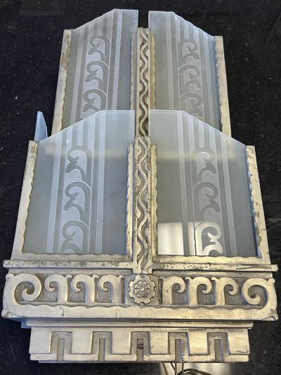  Ferro Brandt RARE AUTHENTIC ART DECO NICKELED BRONZE CARVED GLASS SCONCES BY FERROBRANDT