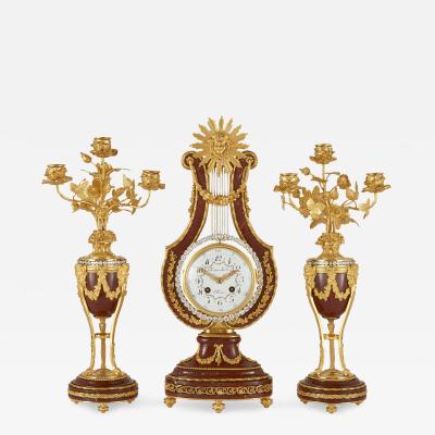  Festeau Le Jeune Antique Louis XVI style gilt bronze rouge marble and jewelled clock set