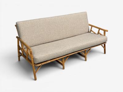  Ficks Reed Ficks Reed Three Seater Sofa Bamboo Cane Beige Tweed USA 1950s