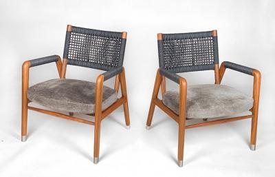  Flexform Flexform Ortigia Armchairs in Hand Woven Black Leather Cord over Solid Walnut