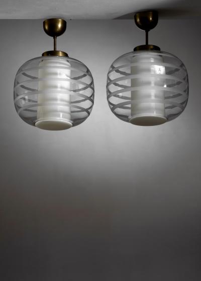  Flygsfors Pair of striped glass pendants