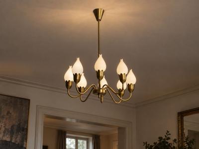  Fog M rup Fog M rup Tulip Chandelier Opal Glass Brass Denmark 1950s