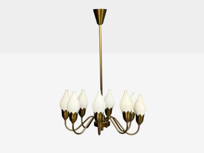 Fog M rup Fog M rup Tulip Chandelier Opal Glass Brass Denmark 1950s