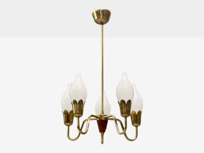  Fog M rup Fog M rup Tulip Chandelier Opal Glass Brass Teak Denmark 1960s