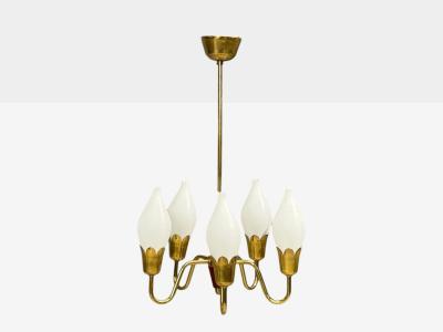  Fog M rup Fog M rup Tulip Chandelier Opal Glass Brass Teak Denmark 1960s