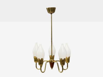  Fog M rup Fog M rup Tulip Chandelier Opal Glass Brass Teak Denmark 1960s