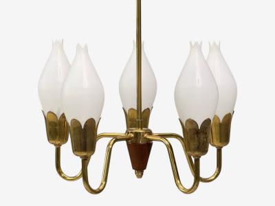  Fog M rup Fog M rup Tulip Chandelier Opal Glass Brass Teak Denmark 1960s