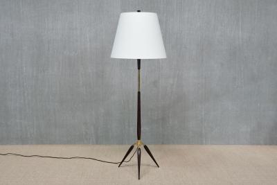  Fog M rup Sculptural Danish Modern Tripod Floor Lamp in Brass Beechwood and Linen 1960s