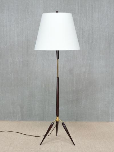  Fog M rup Sculptural Danish Modern Tripod Floor Lamp in Brass Beechwood and Linen 1960s