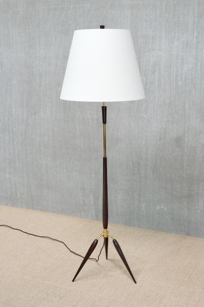  Fog M rup Sculptural Danish Modern Tripod Floor Lamp in Brass Beechwood and Linen 1960s