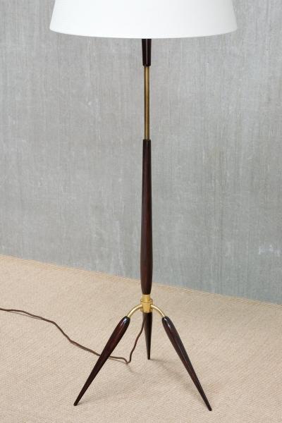  Fog M rup Sculptural Danish Modern Tripod Floor Lamp in Brass Beechwood and Linen 1960s
