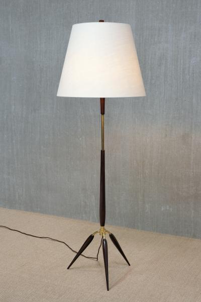  Fog M rup Sculptural Danish Modern Tripod Floor Lamp in Brass Beechwood and Linen 1960s