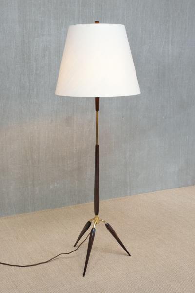  Fog M rup Sculptural Danish Modern Tripod Floor Lamp in Brass Beechwood and Linen 1960s