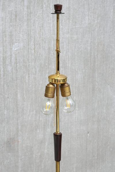  Fog M rup Sculptural Danish Modern Tripod Floor Lamp in Brass Beechwood and Linen 1960s