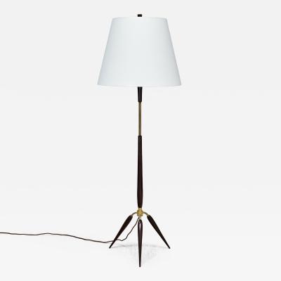  Fog M rup Sculptural Danish Modern Tripod Floor Lamp in Brass Beechwood and Linen 1960s