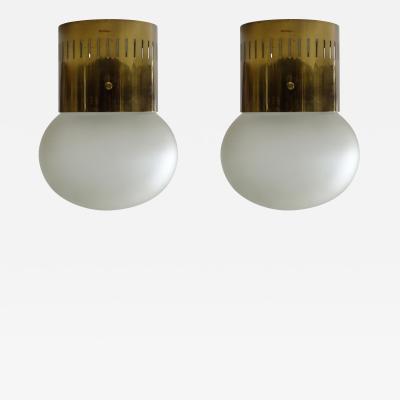  Fontana Arte Fontana Arte Pair of Brass and Frosted Glass Ceiling Lamps Italy 1966