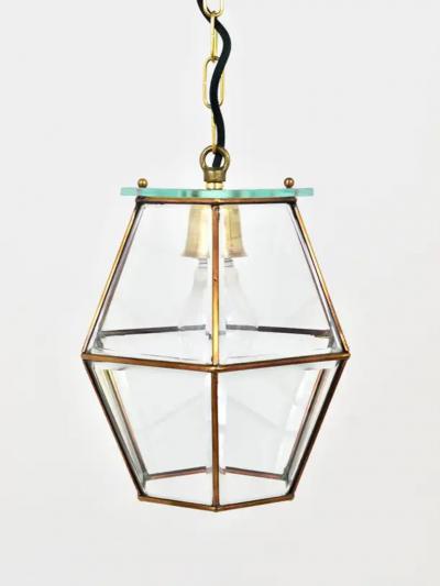  Fontana Arte Fontana Arte Style Pendant Lamp Lantern Brass Facetted Glass Italy 1940s