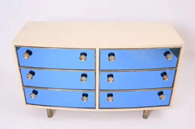  Fontana Arte FontanaArte Curved Dresser with Blonde Wood and Blue Crystal Glass