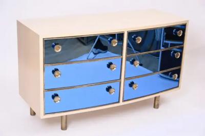  Fontana Arte FontanaArte Curved Dresser with Blonde Wood and Blue Crystal Glass