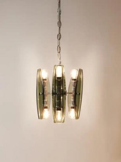  Fontana Arte FontanaArte Fontana Arte Style Glass Chrome Chandelier Pendant Light by Veca Murano Italy