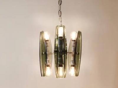  Fontana Arte FontanaArte Fontana Arte Style Glass Chrome Chandelier Pendant Light by Veca Murano Italy