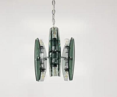  Fontana Arte FontanaArte Fontana Arte Style Glass Chrome Chandelier Pendant Light by Veca Murano Italy