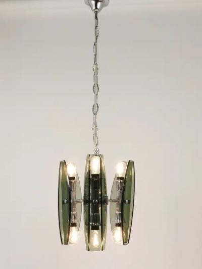  Fontana Arte FontanaArte Fontana Arte Style Glass Chrome Chandelier Pendant Light by Veca Murano Italy